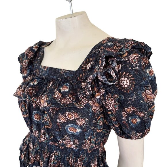 ULLA JOHNSON Warner Floral Ruffle Puff-Sleeve Peplum Blouse in Twilight SZ 2 - Picture 5 of 13